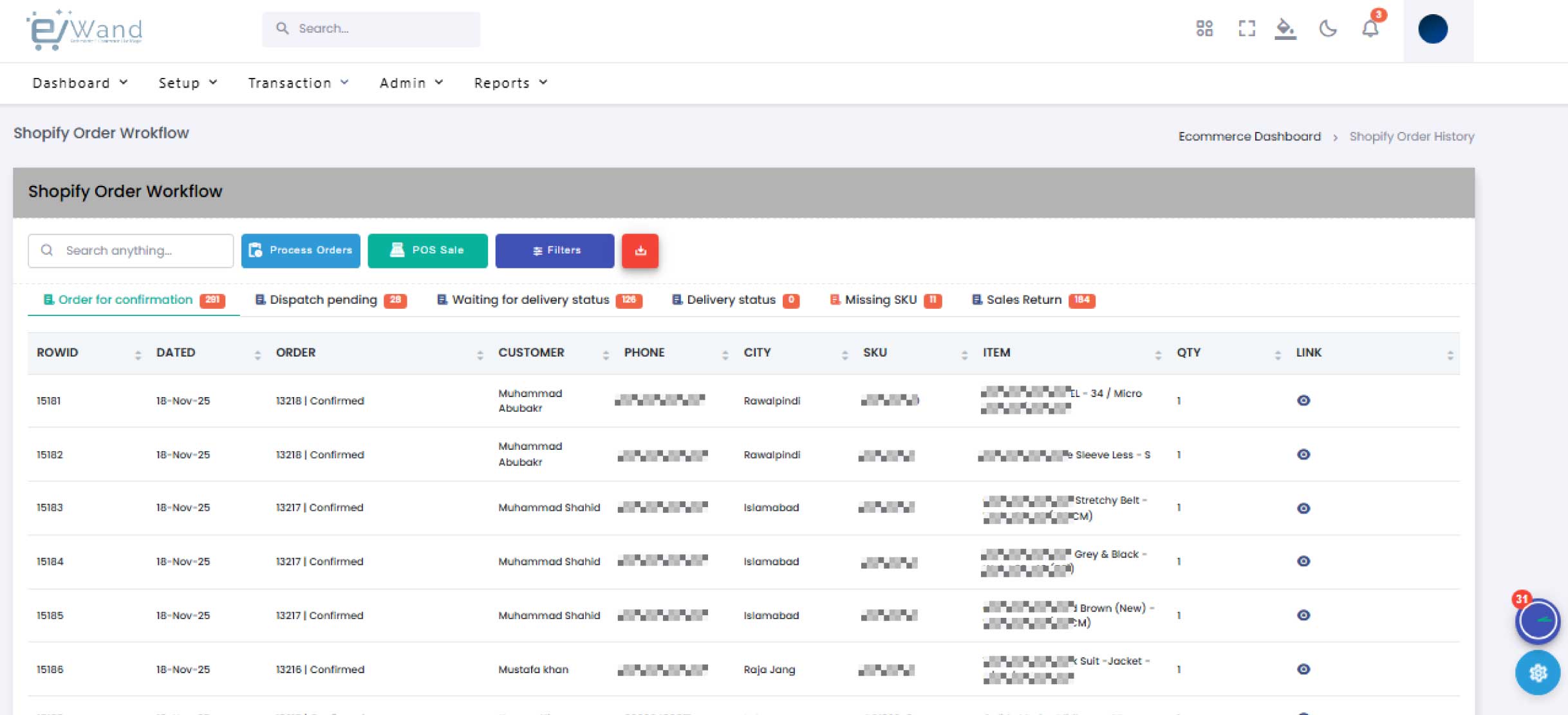 eWand ERP Shopify order management interface